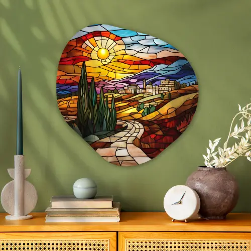 Mozaïek - Zon - Landschap - Dorp Wandcirkel Organisch Plexiglas middel -sfeer2