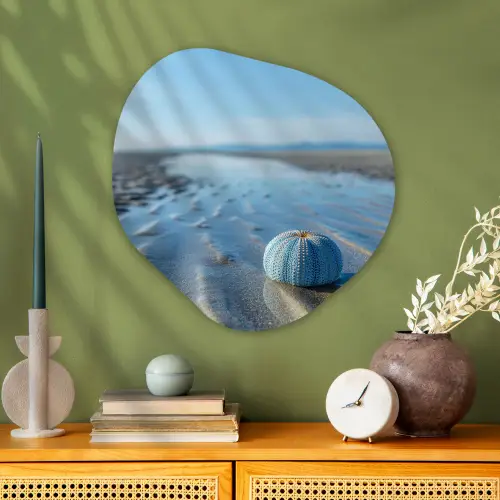 Strand - Schild - Water - Blauw Wandcirkel Organisch Aluminium middel -sfeer2