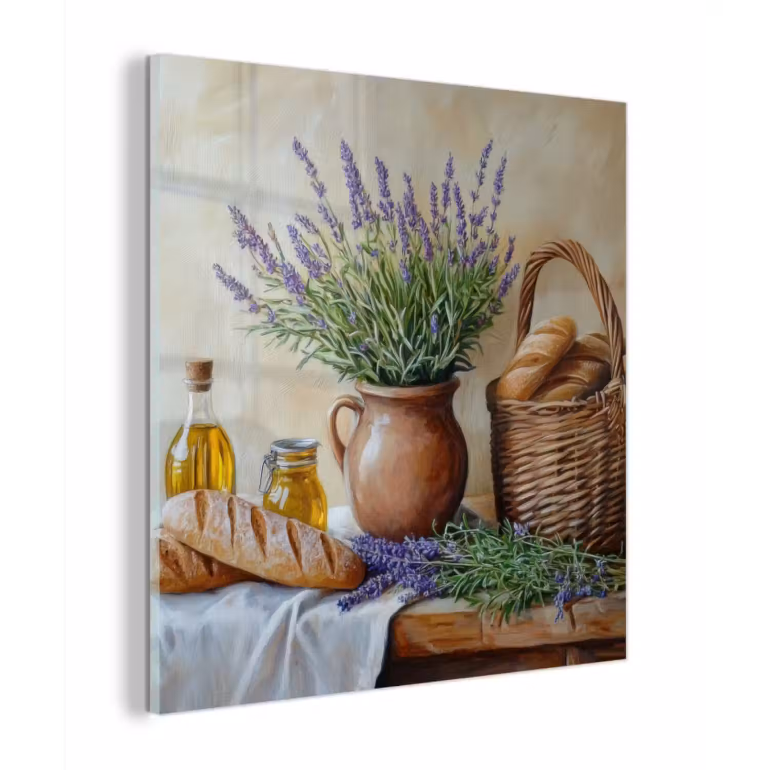 Glas schilderij - Lavendel - Brood - Stilleven