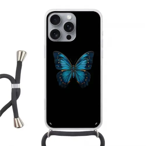 Vlinder - Blauw - Contrast Hoesje iPhone 16 Pro Max met koord klein -3d