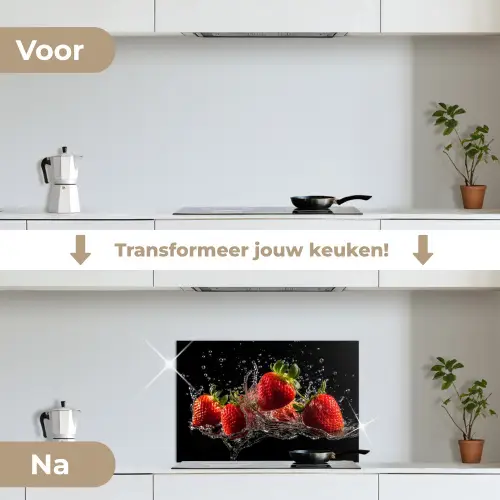 Aardbeien - Fruit - Rood - Water - Zwart keuken achterwand spatscherm klein -voor_na_NL