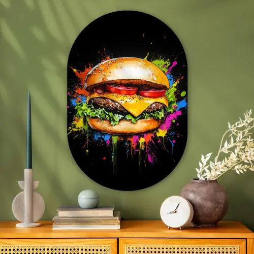Hamburger - Graffiti - Verf - Kleurrijk - Eten - Abstract Wandcirkel Ovaal Glas middel -sfeer2