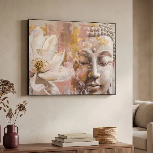 Buddha - Bloem - Goud - Roze - Abstract Textielframe - compleet frame klein -sfeer3
