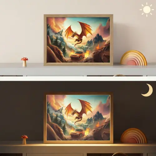 Draak - Auto - Bergen - Vuur Light Box met batterij (Wandlamp kind) middel -sfeer3_kind