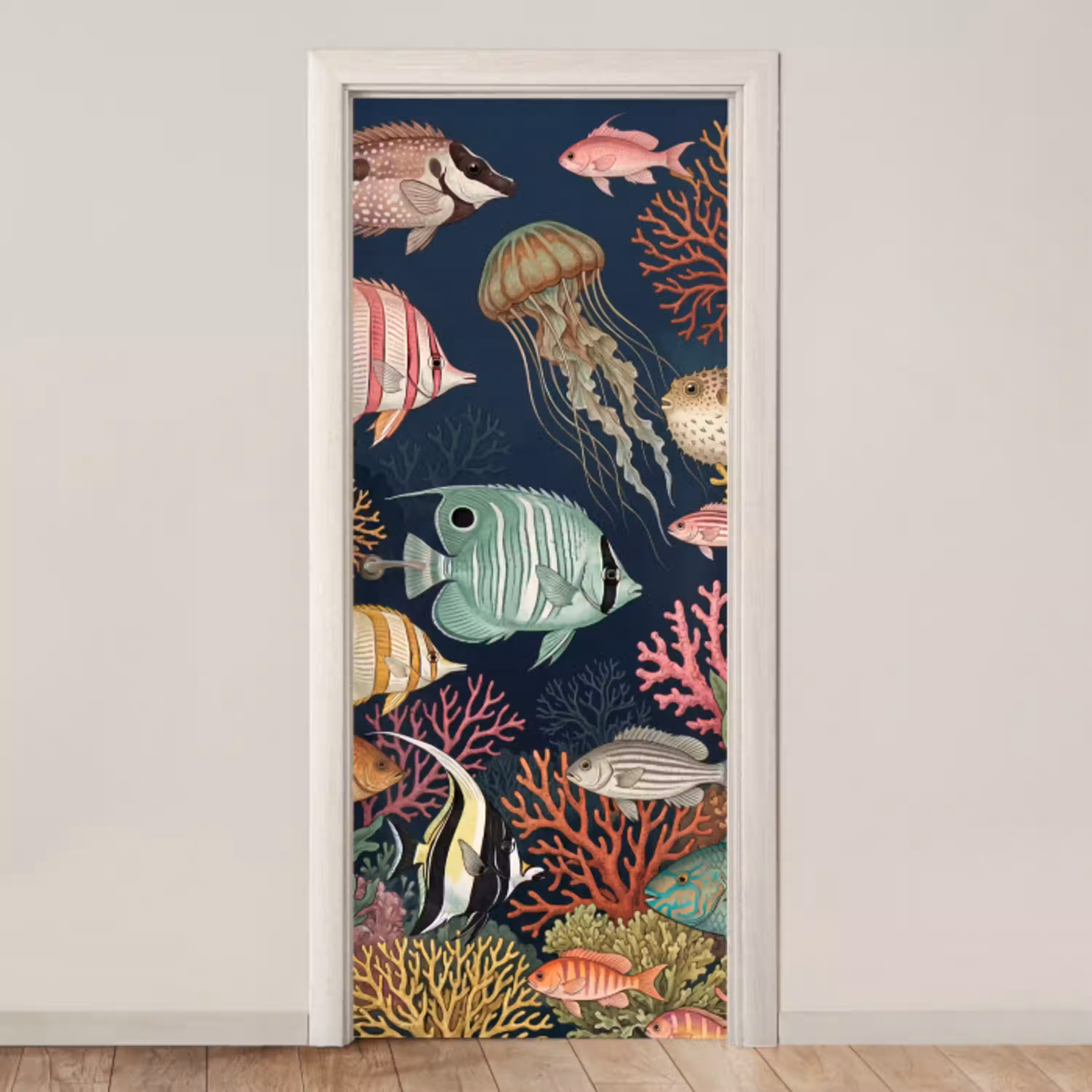 Onderwaterwereld - Vissen - Koraal - Illustratie - Kleurrijk deurposter klein -3d_beige