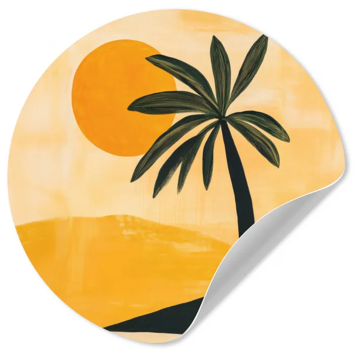 Illustratie - Palmboom - Zon - Heuvels Wandcirkel behangsticker klein -3d