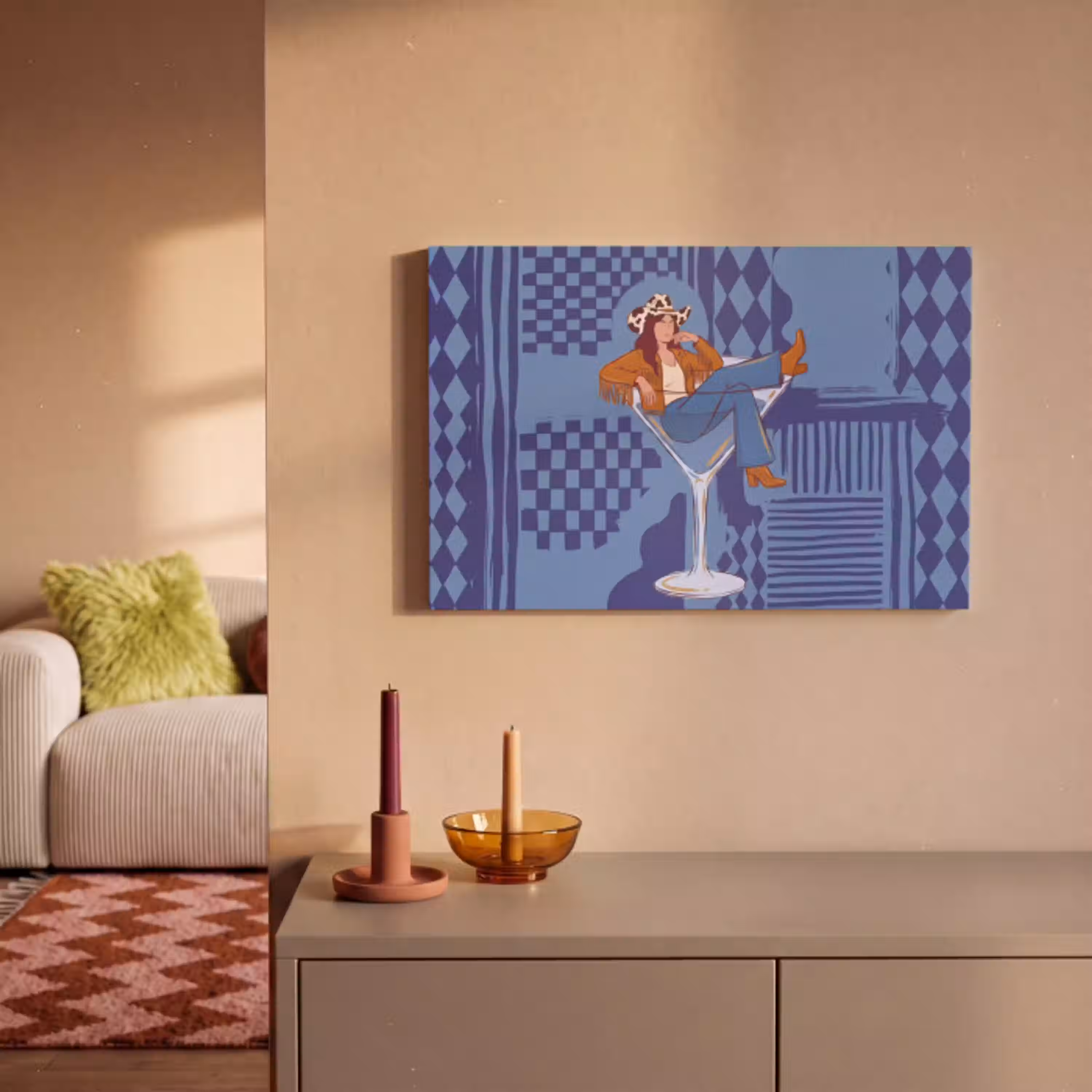 Vrouw - Martini glas - Abstract - Blauw - Kunst canvas 2cm klein -sfeer1