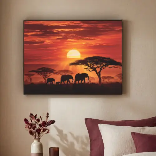 Savanne - Olifanten - Zonsondergang Textielframe zwart klein -sfeer1