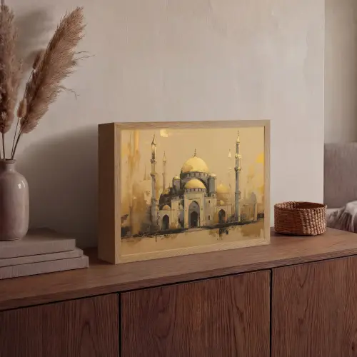 Goud - Abstracte penseelstreken - Moskee Light Box met batterij (Wandlamp) middel -sfeer2