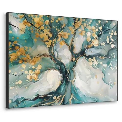 Boom - Modern - Verflook - Turquoise - Goud Textielframe zwart klein -3d