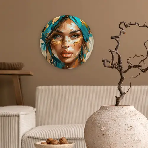Vrouw - Portret - Goud - Luxe - Blauw Wandcirkel kunststof plaat 5mm dik klein -sfeer1