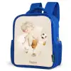Jongen met een voetbal in beige kleuren Kinderrugzak - Blauw middel -schuin
