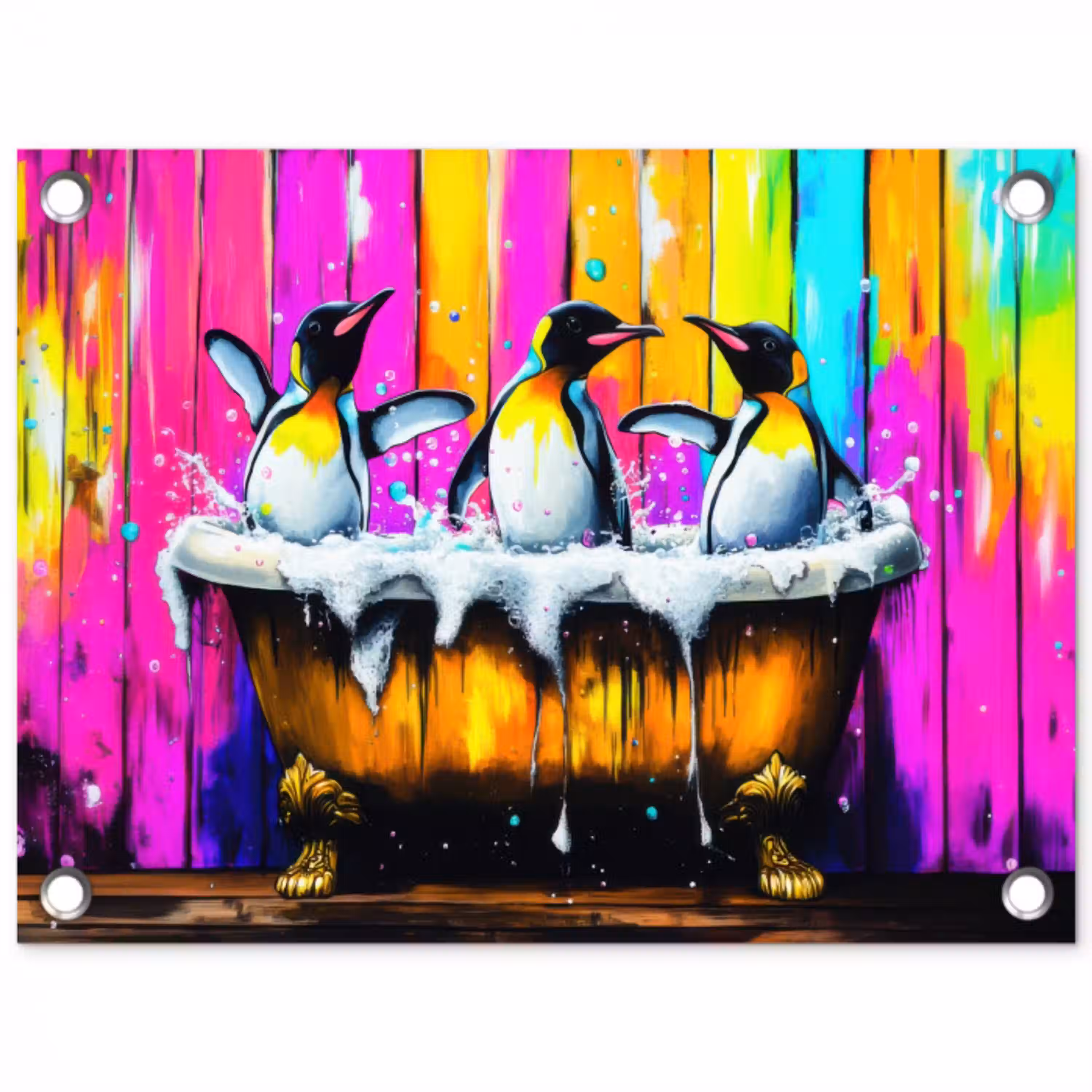 Pinguïns - Badkuip - Kleurrijk - Schuim tuinposter los doek klein -3d