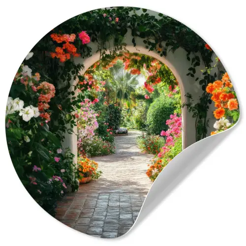 Doorkijk - Bloemen - Natuur - Bloementuin Wandcirkel behangsticker klein -3d