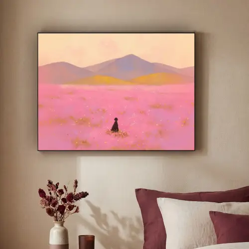 Bloemenweide - Heuvels - Silhouet - Roze Textielframe zwart klein -sfeer1