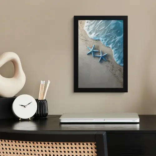 Zeesterren - Zand - Zee - Blauw fotolijst zwart zonder passe partout klein -sfeer1