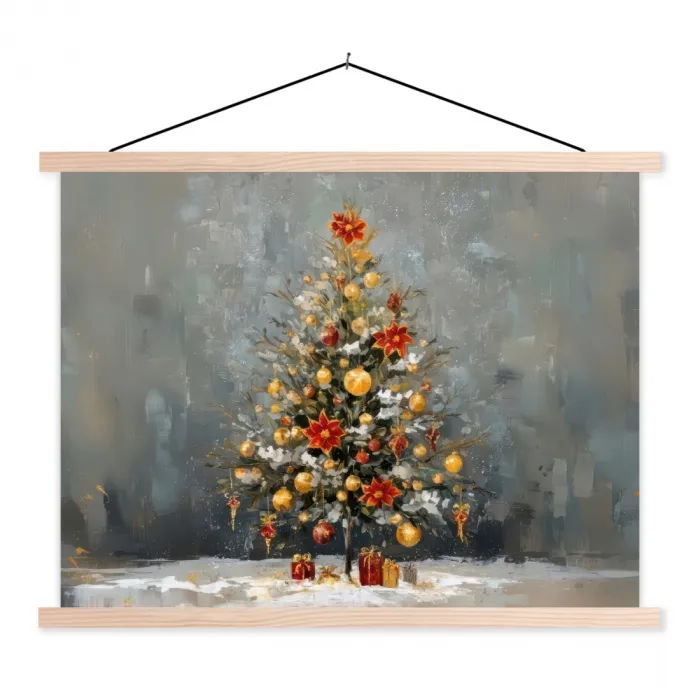 Kerstboom - Cadeaus - Rood - Goud textielposter latten blank klein -3d