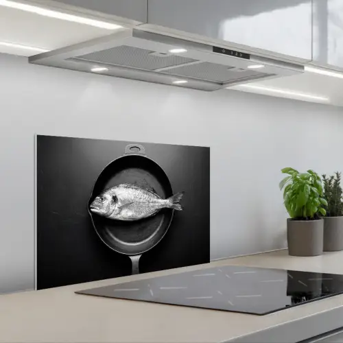 Pan - Vis - Zwart - Wit keuken achterwand spatscherm klein -3d_schuin
