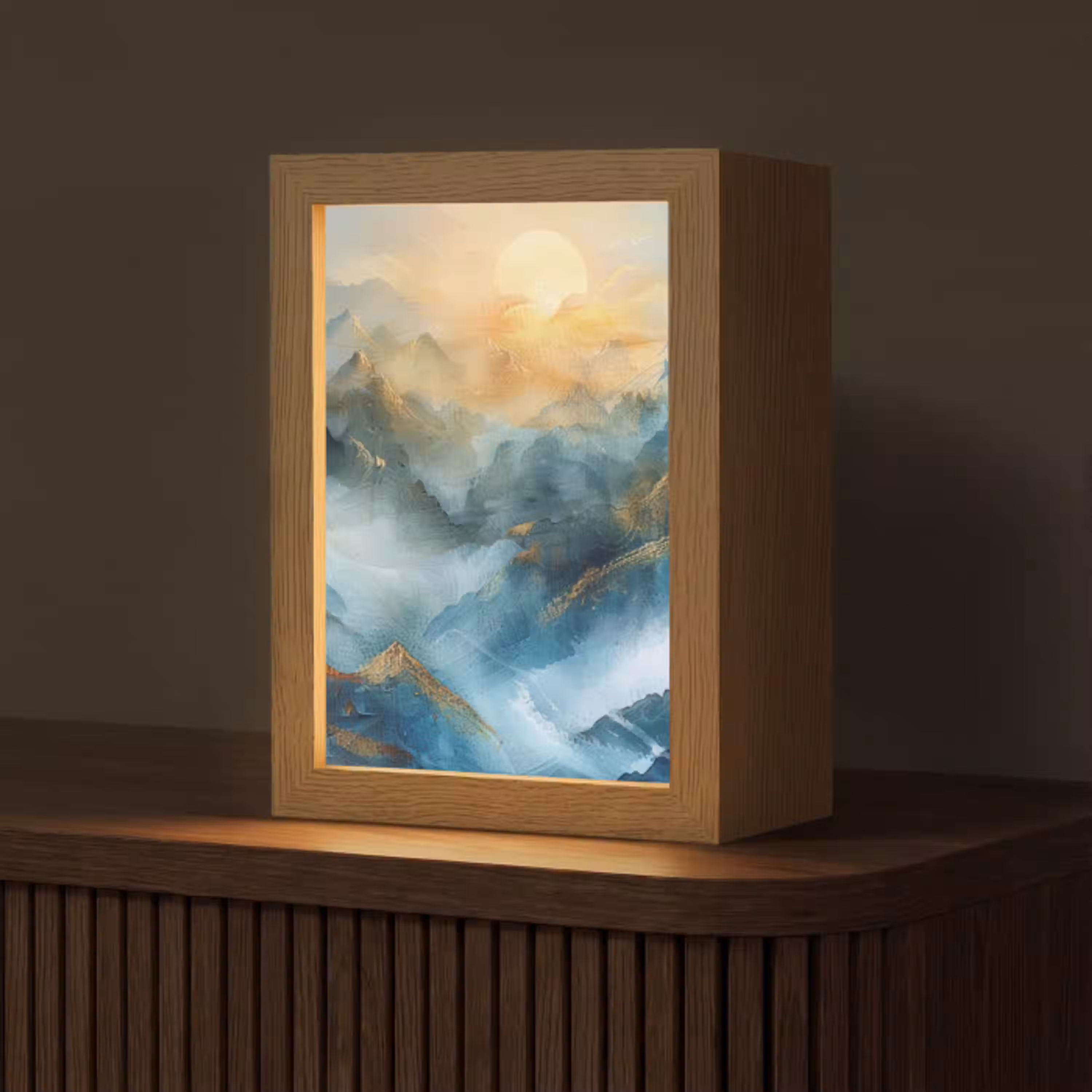 Abstract - Landschap - Bergen - Blauw - Modern Light Box met kabel (Tafellamp) klein -z3d_website