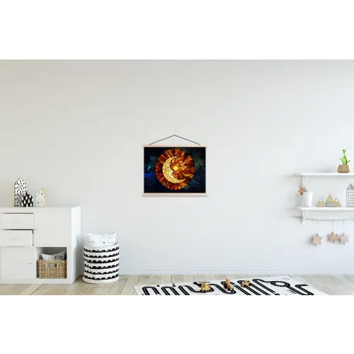 Mozaïek - Glas - Maan - Donkerblauw textielposter latten blank klein -kinderkamer