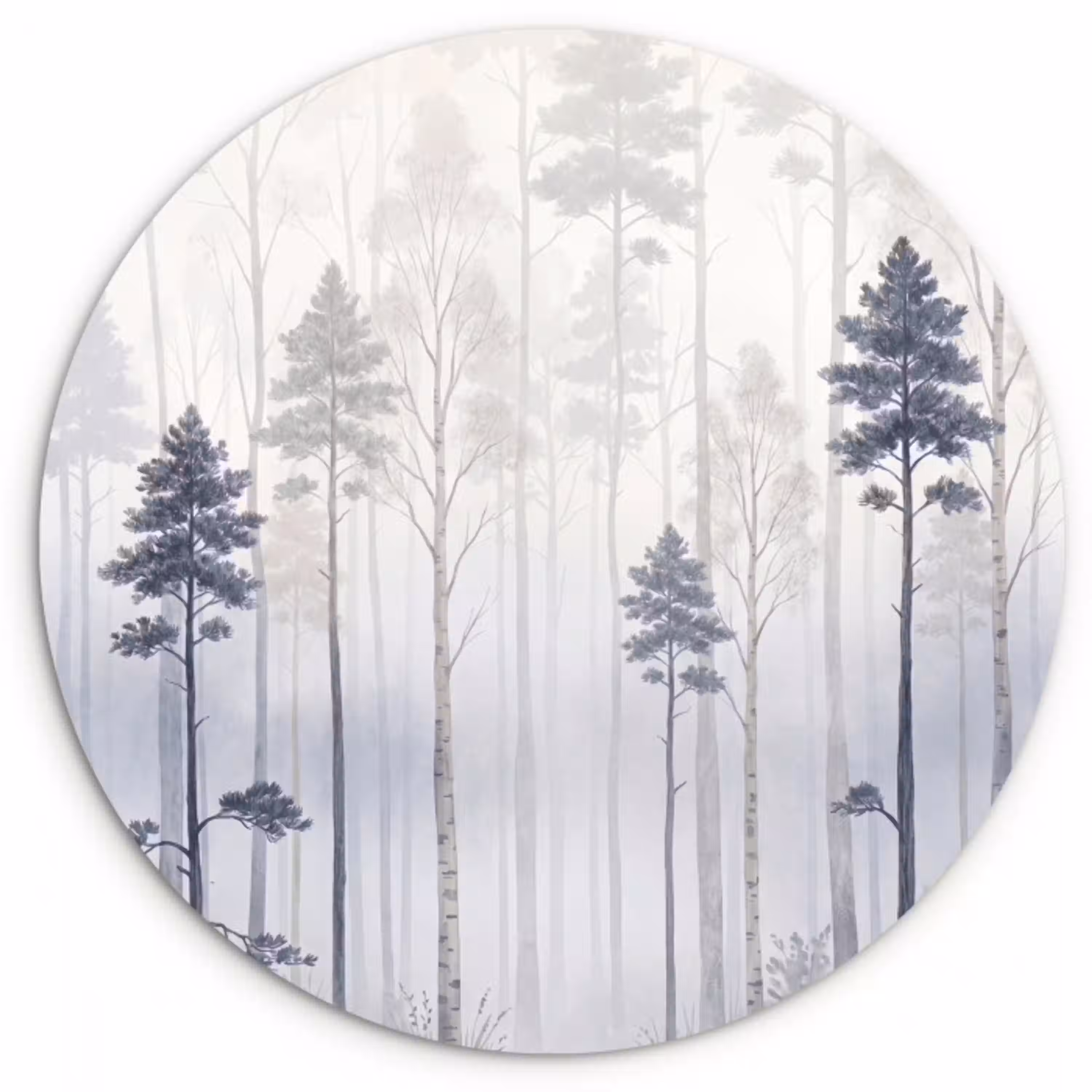 Bos - Bomen - Mist - Natuur - Illustratie - Grijs Wandcirkel kunststof plaat 5mm dik klein -3d
