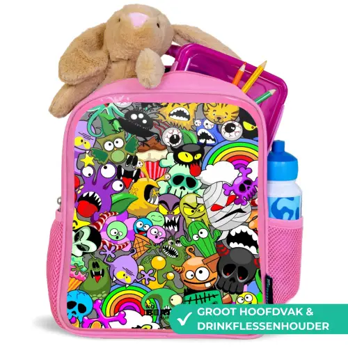 Chaotisch kleurrijk monster patroon Kinderrugzak - Roze middel -inhoud_NL