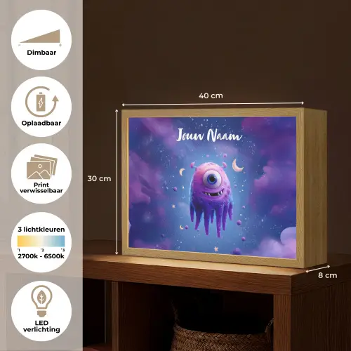 Monster - Ruimte - Sterren - Paars Light Box met batterij (Wandlamp kind) middel -USP_websiteoverzichtNL