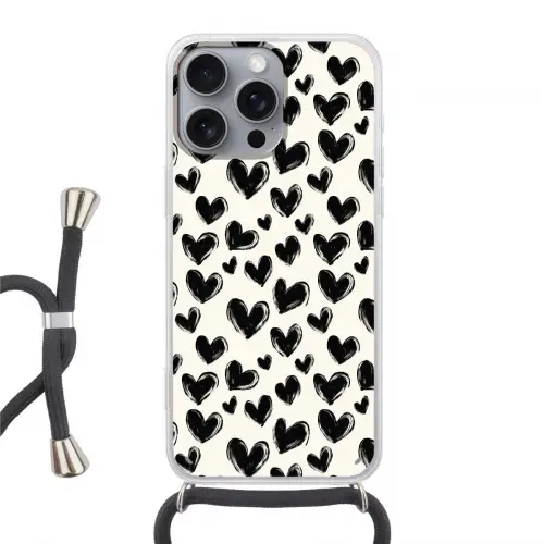 Hartjes - Patroon - Zwart Hoesje iPhone 16 Pro Max met koord klein 804 -3d