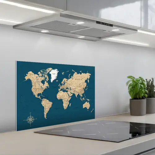 Wereldkaart - Donkerblauw - Beige keuken achterwand spatscherm klein -3d_schuin