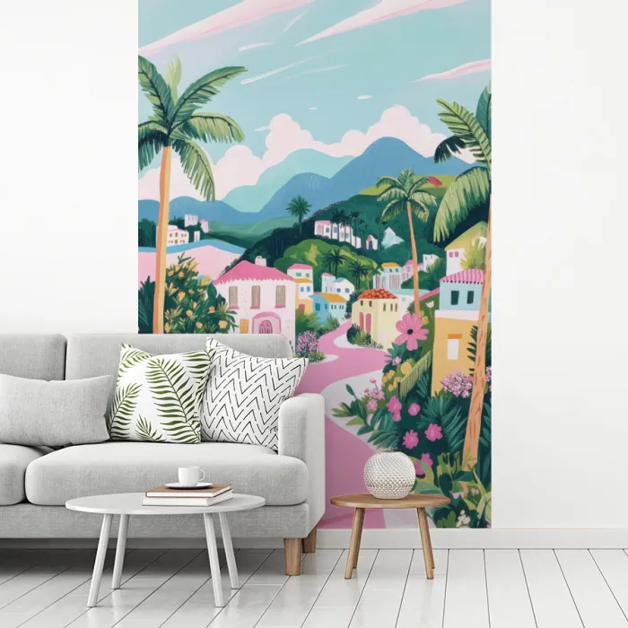 Kleurrijk - Huizen - Heuvels - Roze fotobehang vinyl groot -woonkamer