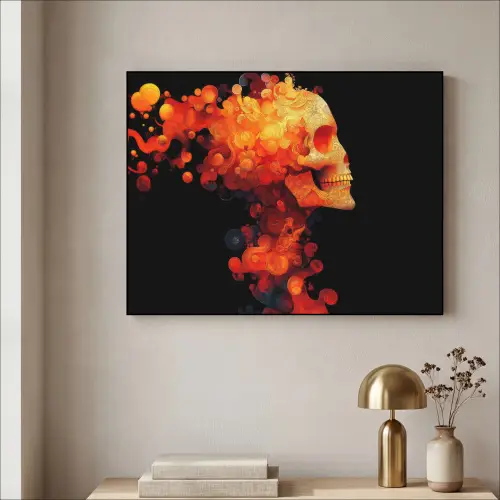 Schedel - Oranje - Zijaanzicht - Vlammen Textielframe zwart klein -sfeer2