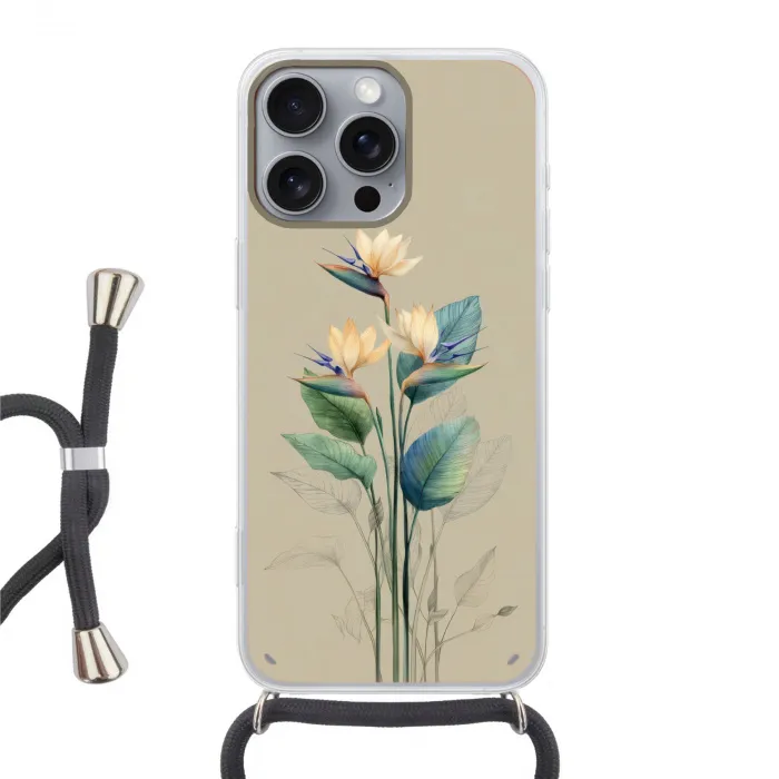 Paradijsvogelbloemen - Blauwgroene bladeren - Beige Hoesje iPhone 16 Pro Max met koord klein -3d