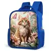 Kat in bloemenveld met roze vlinders. Kinderrugzak - Blauw middel -schuin