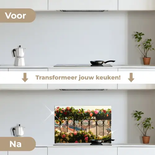 Bloemen - Hek - Stadszicht - Zomer keuken achterwand spatscherm klein -voor_na_NL
