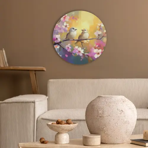 Vogels - Bloemen - Roze Akoestische PET Vilt - Rond klein -sfeer1