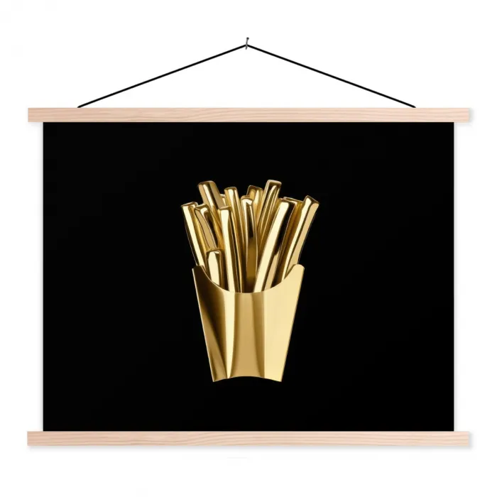 Friet - Goud - Chrome - Eten textielposter latten blank klein -3d