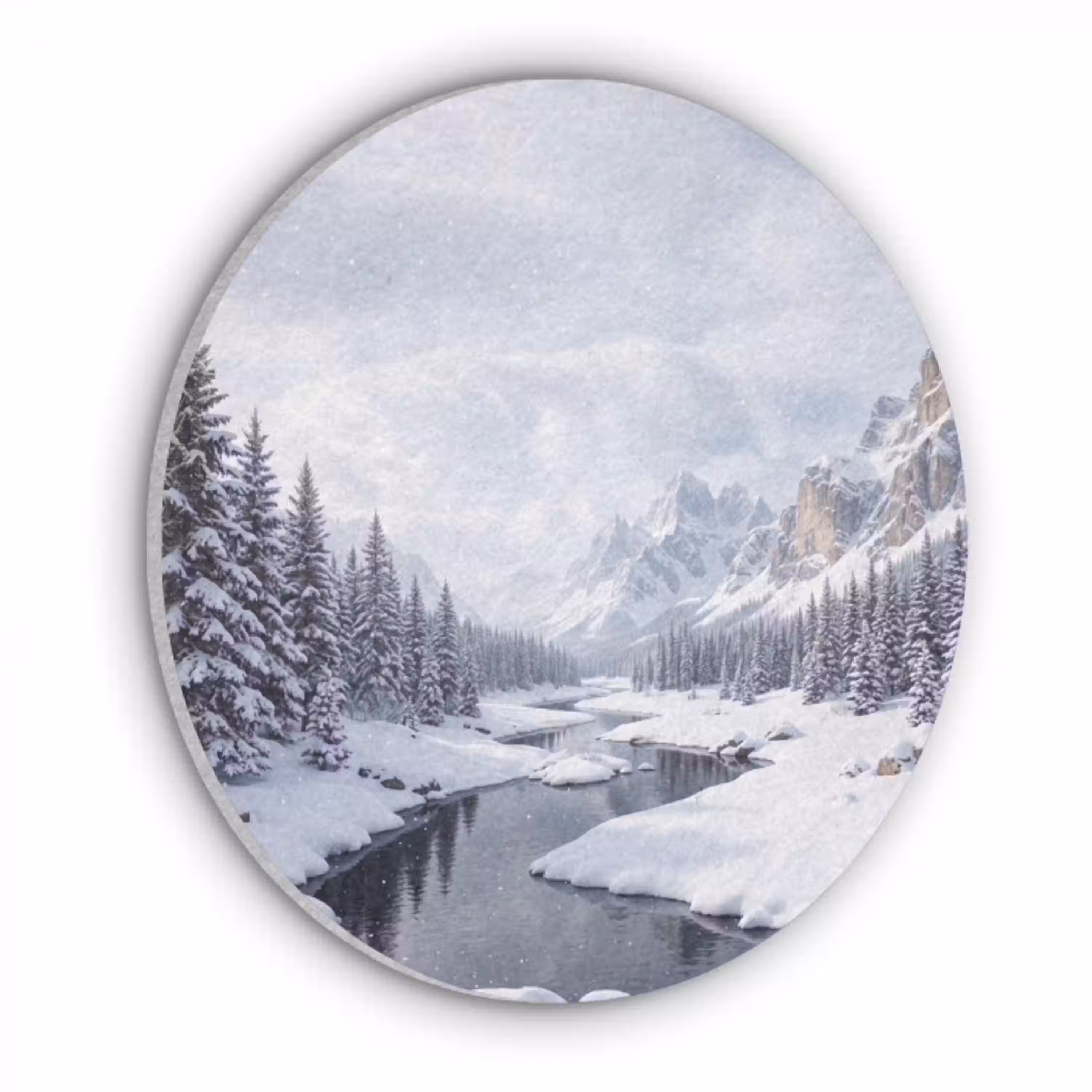 Sneeuwlandschap - Bergen - Rivier - Winter Akoestische PET Vilt - Rond klein -3d