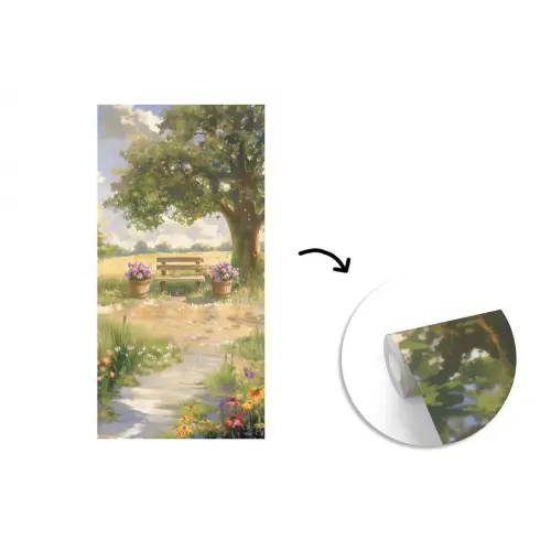 Houten bankje - Bloempotten - Landschap fotobehang vinyl groot -3d