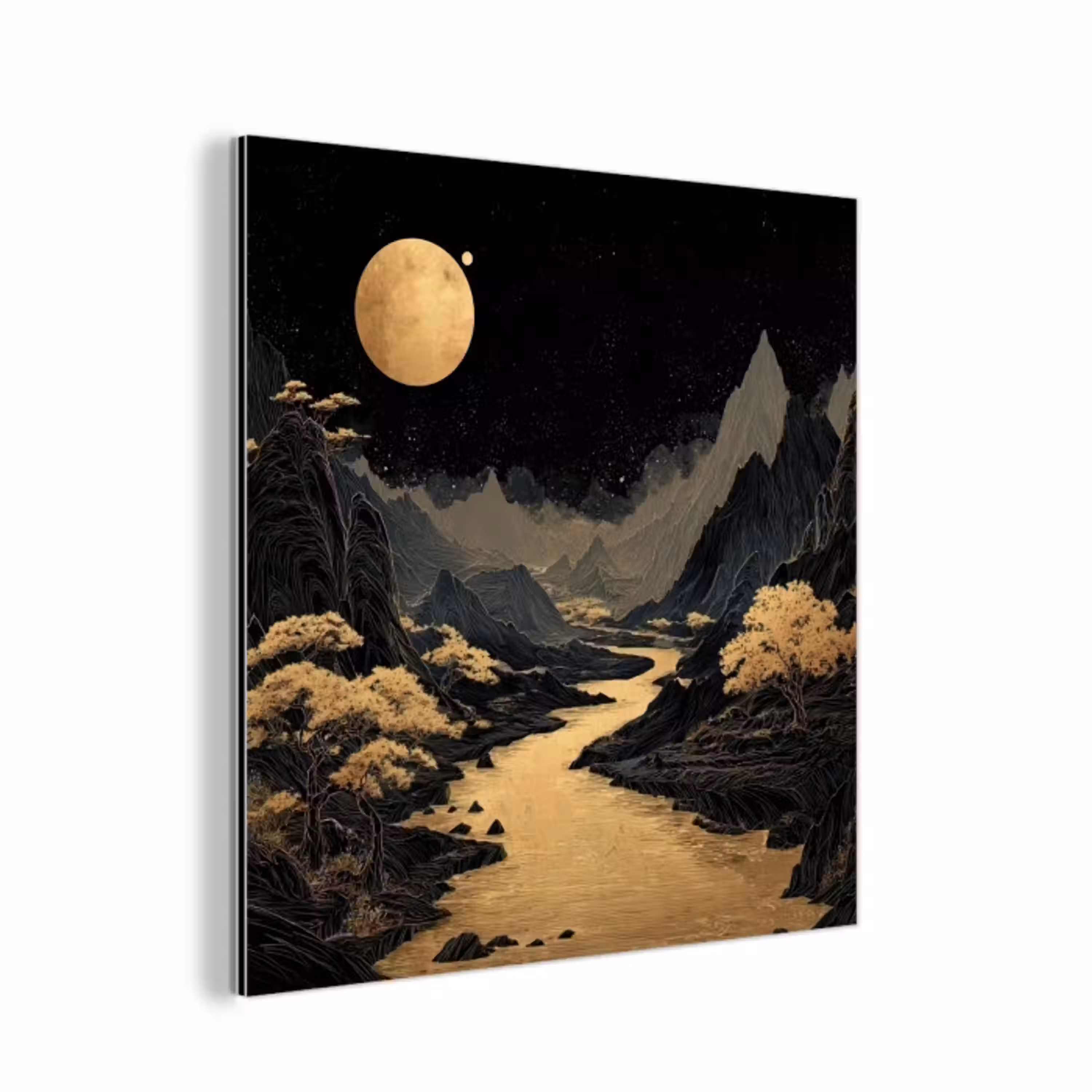 Gouden rivier - Bergen - Maan - Sterrenhemel aluminium wit klein -3d