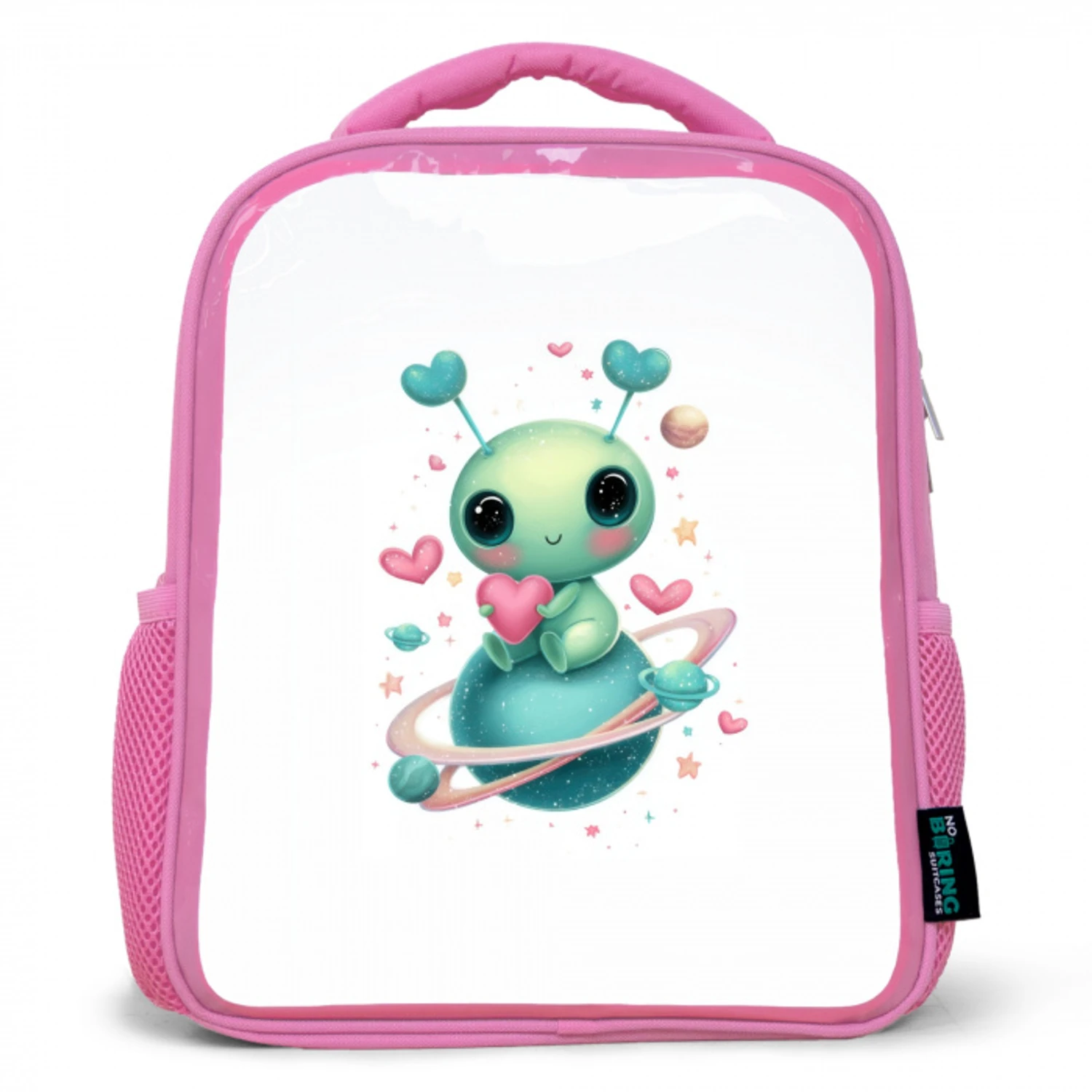Ruimtewezentje met hartjesantennes en planeetringen Kinderrugzak - Roze middel -3d