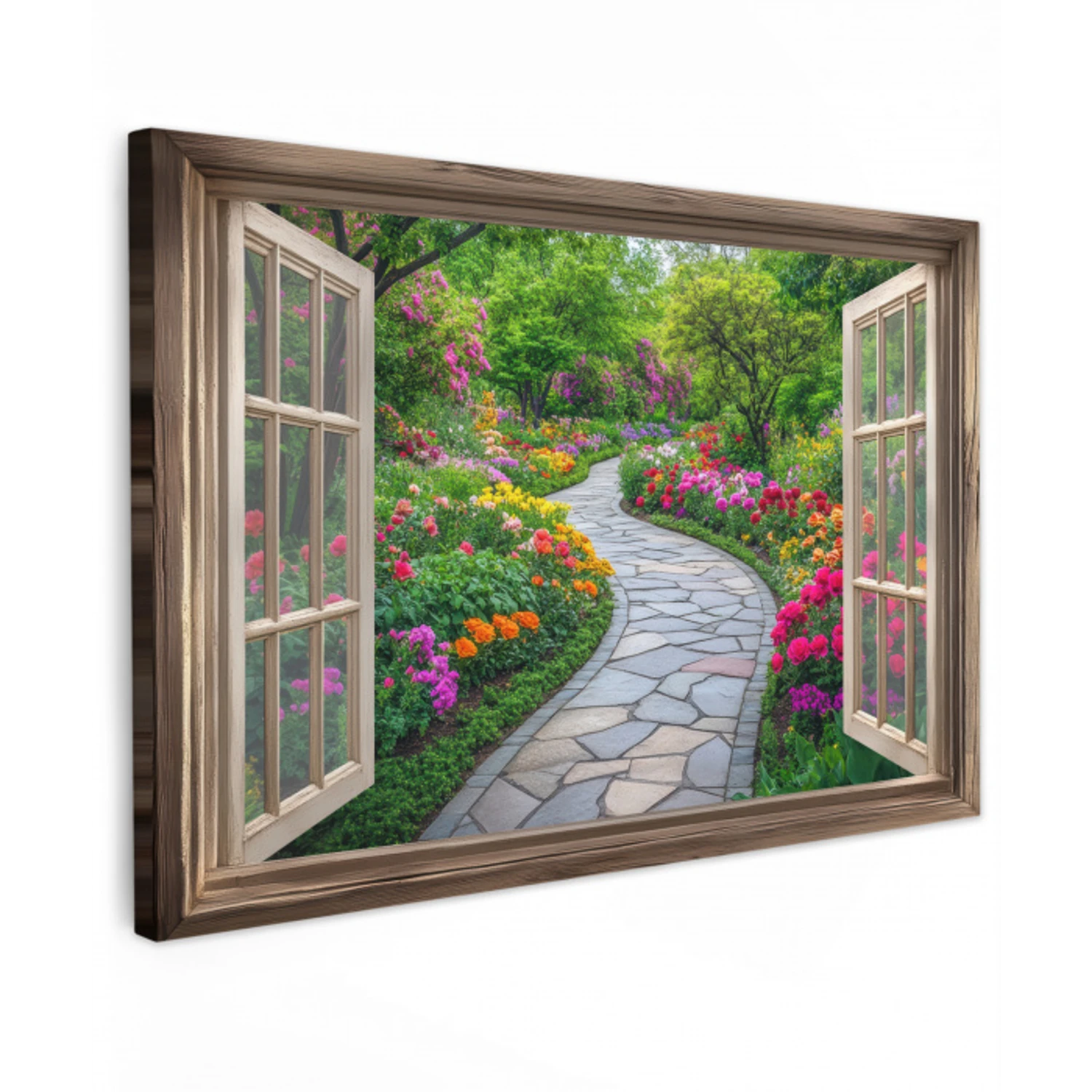 Doorkijk - Bloemen - Tuinpad - Natuur - Raam Tuinposter op houten frame 2 cm dik klein -3d