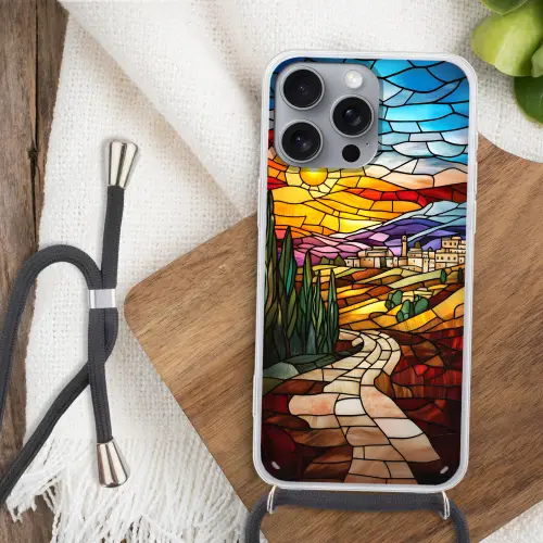 Mozaïek - Zon - Landschap - Dorp Hoesje iPhone 16 Pro Max met koord klein -sfeer4