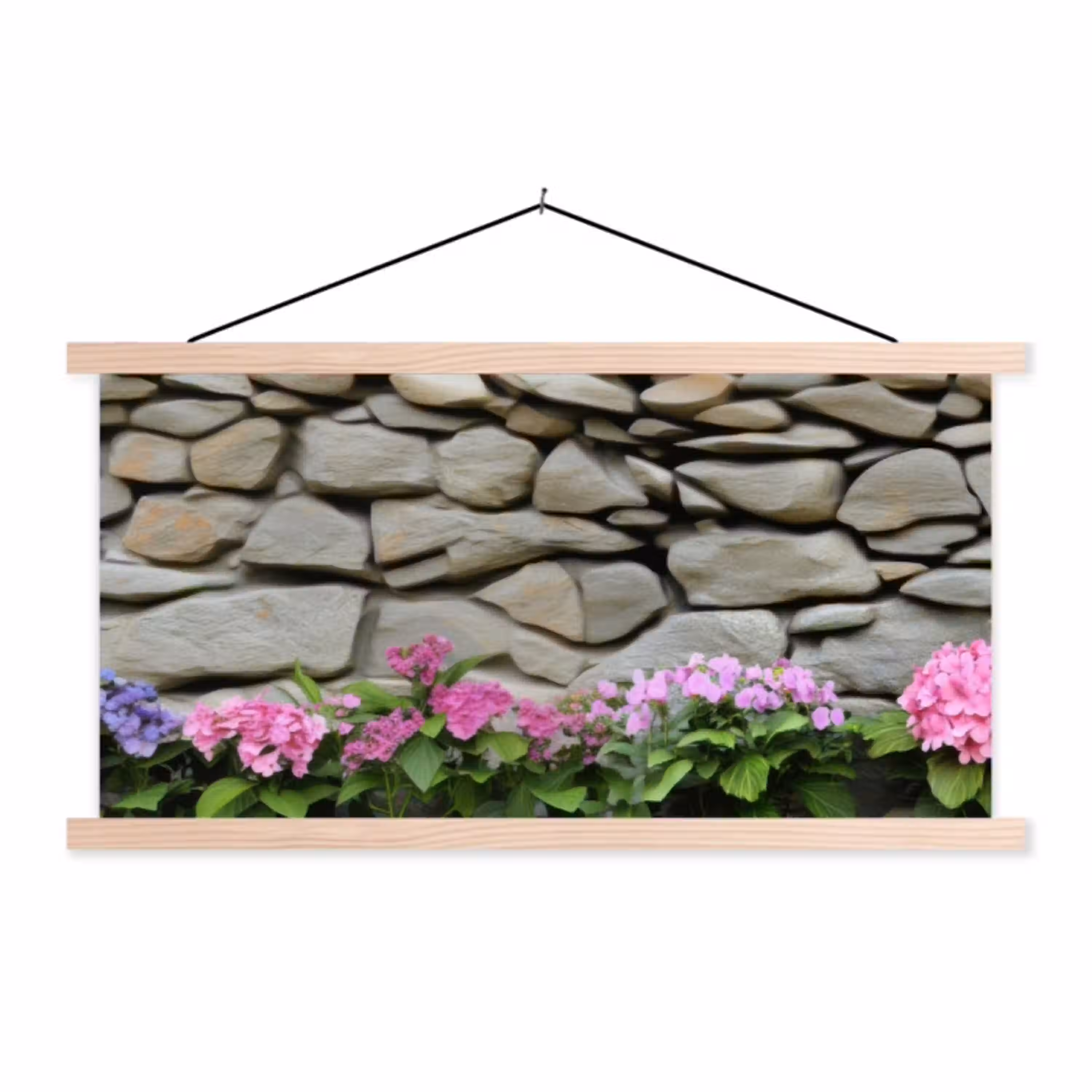 Hortensia’s - Stenen - Muur - Bloemen textielposter latten blank klein -3d