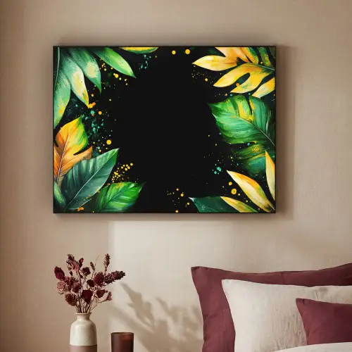 Bladeren - Groen - Geel - Verf - Jungle Textielframe zwart klein -sfeer1
