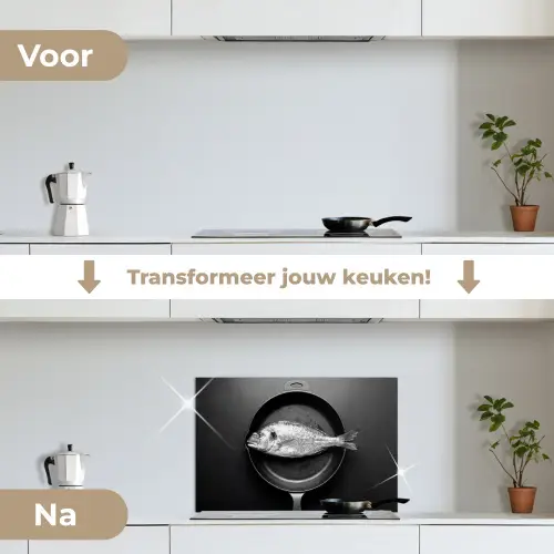 Pan - Vis - Zwart - Wit keuken achterwand spatscherm klein -voor_na_NL