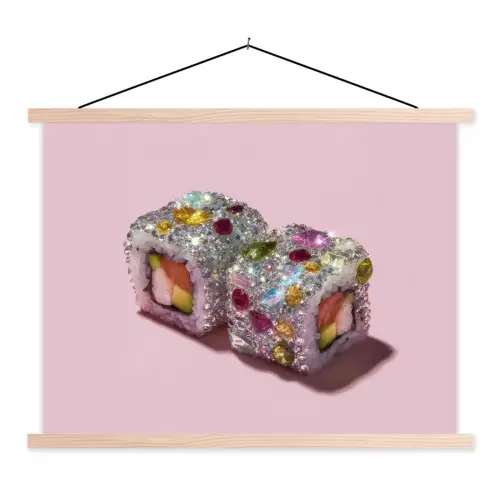 Sushi - Rolletjes - Steentjes - Kleurrijk textielposter latten blank klein -3d