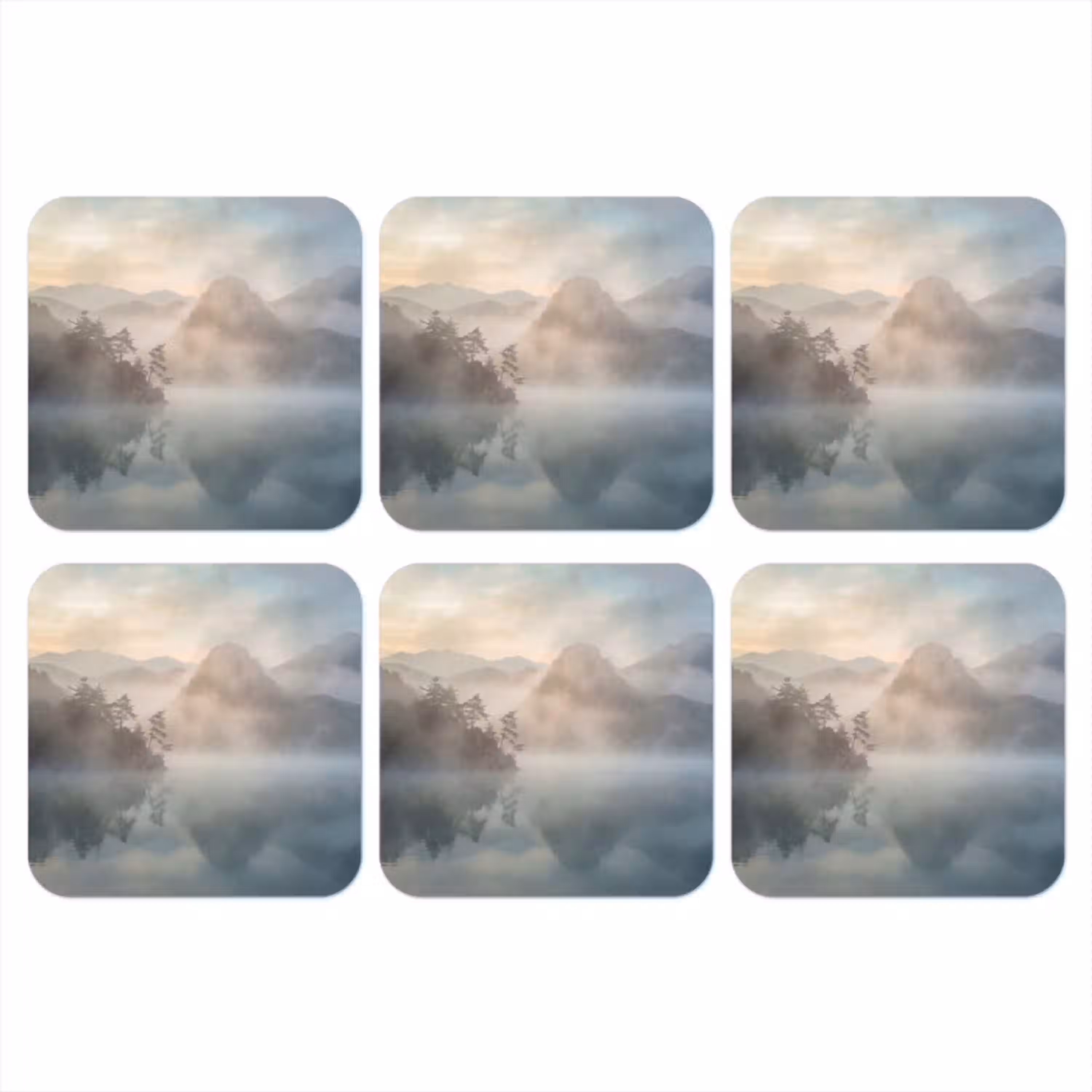 Landschap - Bergen - Mist - Water - Natuur onderzetter kurk middel -3d