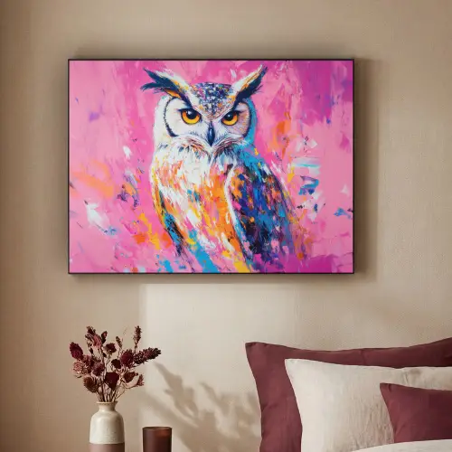 Uil - Roze - Blauw - Verf - Abstract Textielframe zwart klein -sfeer1