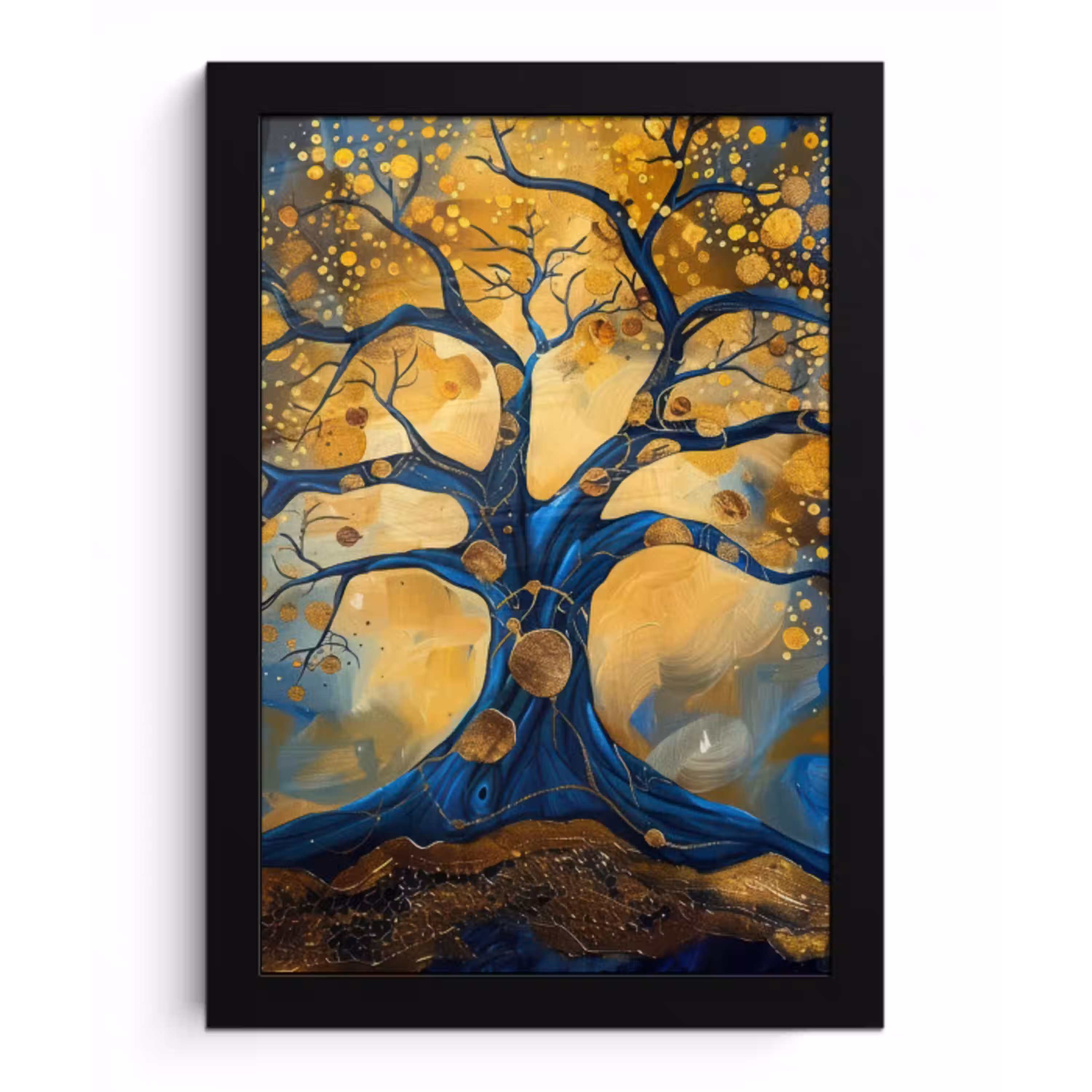 Boom - Levensboom - Blauw - Goud fotolijst zwart zonder passe partout klein -3d