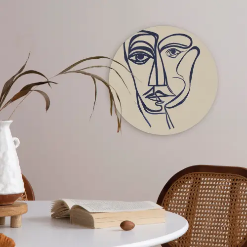 Minimalistisch - Lijnillustratie - Beige - Donkerblauw Akoestische PET Vilt - Rond klein -sfeer3